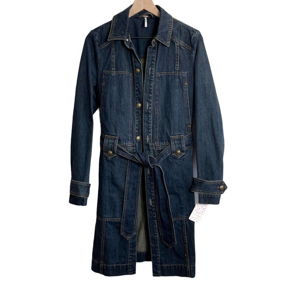 FREE PEOPLE NWT Belted Dark Blue Denim Jacket Coat — Small - Picture 5 of 16